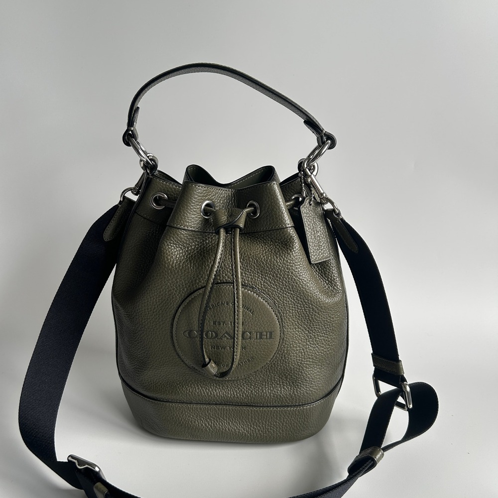 Coach Dempsey Drawstring Bucket Bag Olive Green Pebbled Leather C4100